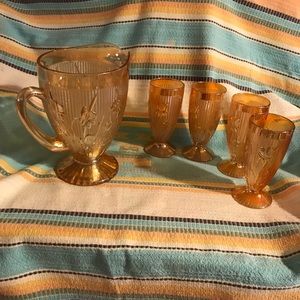 Amber Depression Pitcher and Glasses